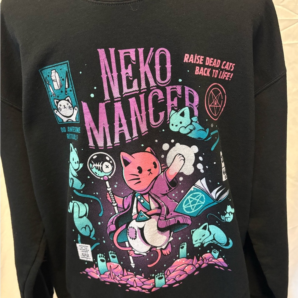 Adorable Gildan Black Neko Mancer Graphic Sweatshirt with Pink & Teal Print